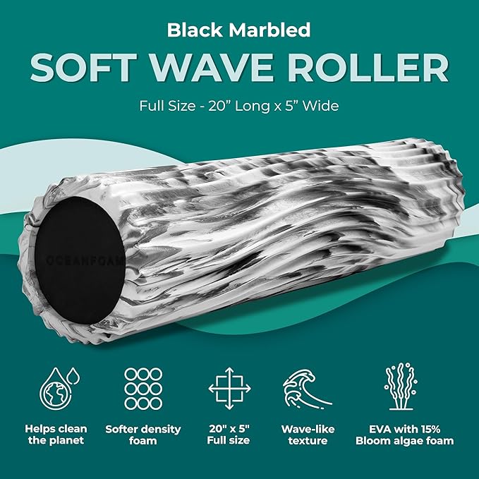 Oceanfoam Soft Tidal Roller (Black Marbled) - Low Density Foam Roller for Physical Therapy, Back Pain, Excercise & Stretching - Wave Textured - Yoga, Athletics, & Wellness - Full Size, 20" x 5" - Bloomnest