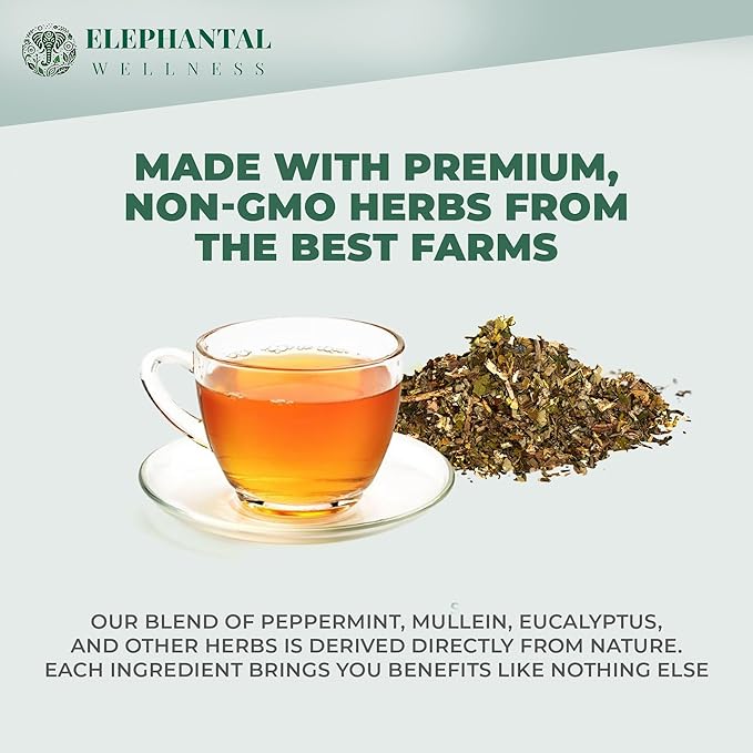 Elephantal Wellness Premium Respiratory Herbal Tea | Lung Detox, Mucus Cleanse & Breathing Support with Mullein, Eucalyptus, Thyme & Lungwort | Handmade, Caffeine-Free, Non-GMO Loose Leaf Blend, 2oz, 20 Servings - Bloomnest