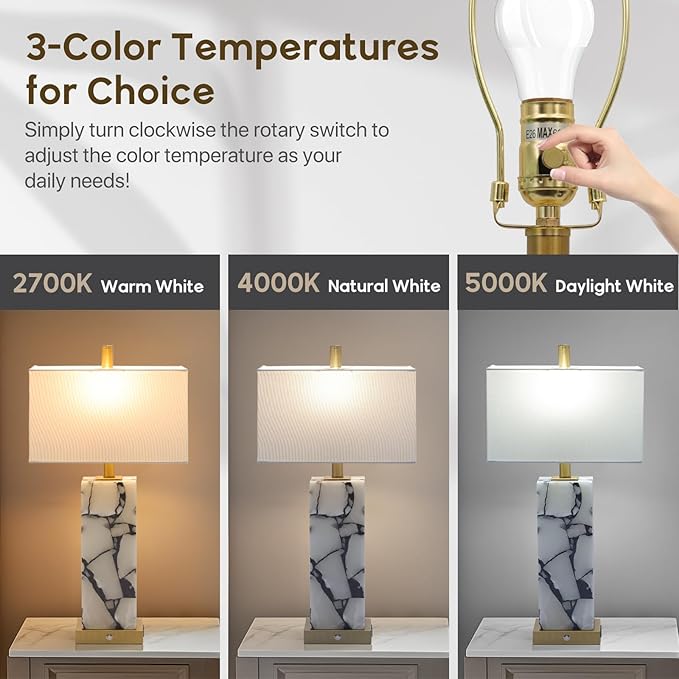 Natural Marble Table Lamps Set of 2: 3-Color Temperatures Alabaster Lamp with Nightlight, Bedside Lamps with USB Ports, Bedroom Lamps for Night Stands End Table Lamps for Living Room, Bulbs Included - Bloomnest