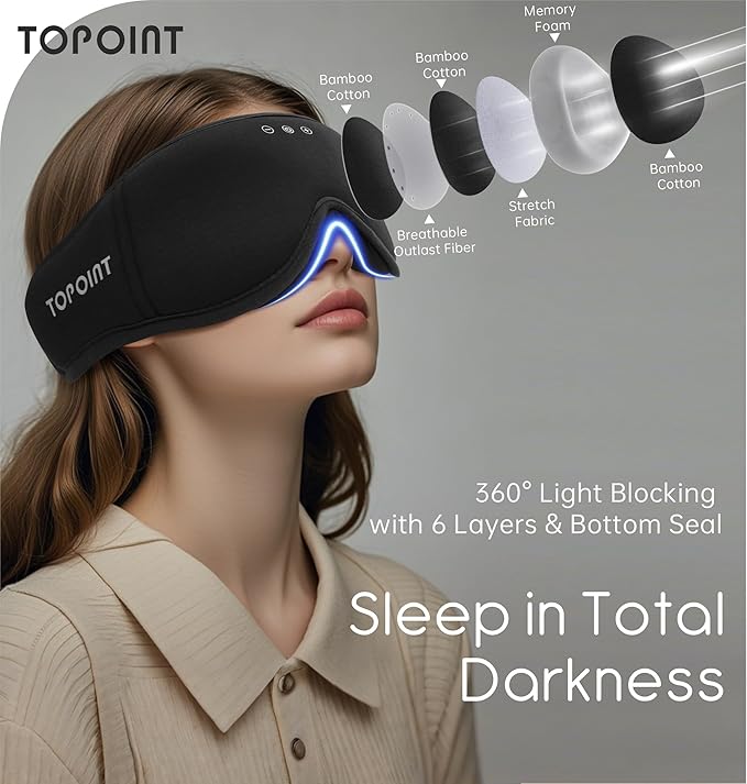 Sleep Mask with Headphones Bluetooth 5.4, TOPOINT 3D Eye Mask Blackout with Soft Bamboo Cotton for Side Sleepers Women Men, Sleep Headphones Earphones HD Speaker Microphone for Travel Meditation Gift - Bloomnest
