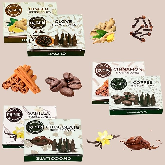 TRUMIRI Gourmet Incense Cones - Variety Pack - Total 60 Cone Incense (6 Scents x 10 Conos) - Vanilla, Cinnamon, Coffee, Chocolate, Clove, Ginger - Cone Incense Scents - Insense Cones - Incent Cone TRUMIRI