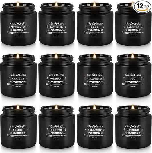 Scented Candle Set 12 Pack,Black, Candle for Home Scented, Odor Eliminating, Stress Relief, Long Lasting Soy Wax Gift Set - Bloomnest