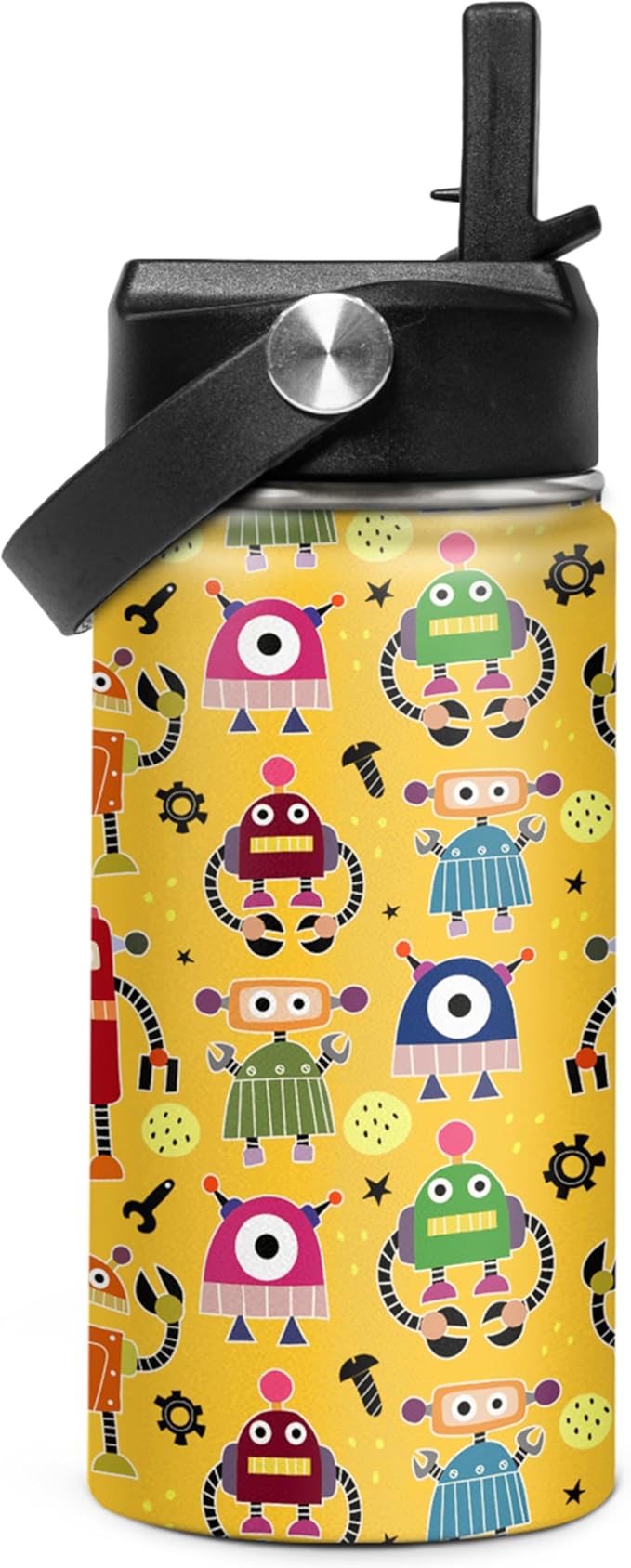 Kids Water Bottle with Straw Robot Insulated Water Bottles 12oz Stainless Steel Travel School Tumbler Double Wall Vacuum Cup for Boys Kid - Bloomnest