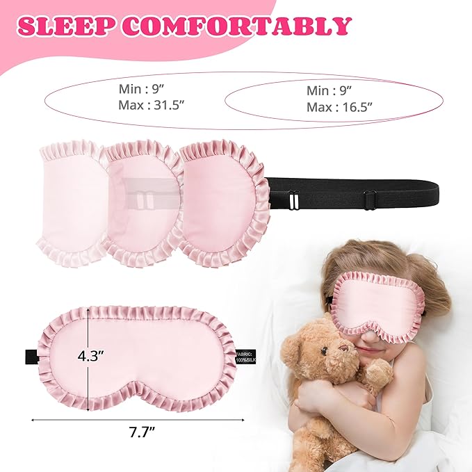 Kids Sleep Mask Eye Cover, 100% Real Mulberry Silk Sleep Mask with Adjustable Strap, Kids Blindfold for Sleeping, Boys Girls Eye Shade for Ages 5+, Soft and No Pressure (Pink) - Bloomnest