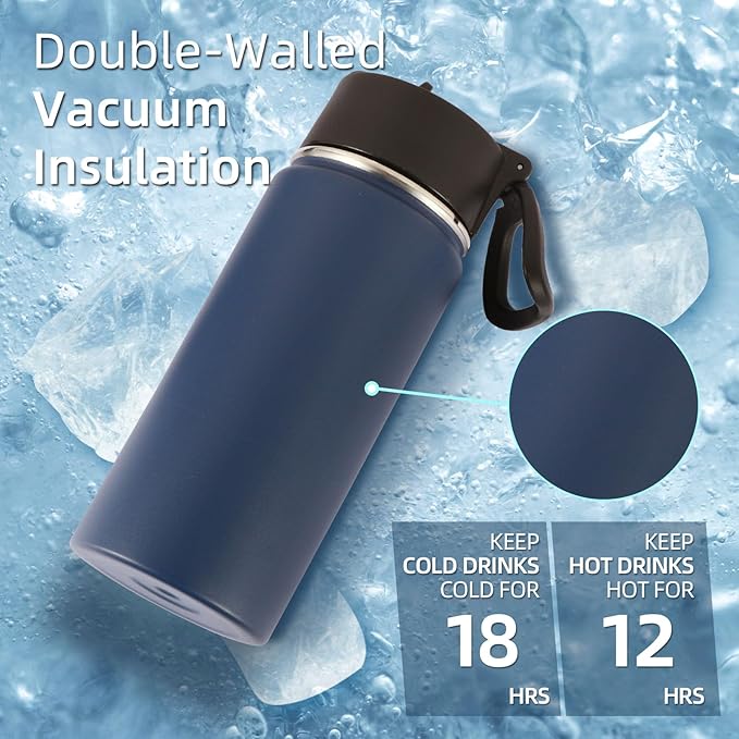 Volhoply 16 OZ Kids Water Bottle Bulk 8 Pack,Insulated Sports Bottles with Straw Lid,Stainless Steel Bottle with Handle Keep Cold & Hot,Double Wall Vacuum Tumbler Cups for School,Girls(Navy, 8) - Bloomnest