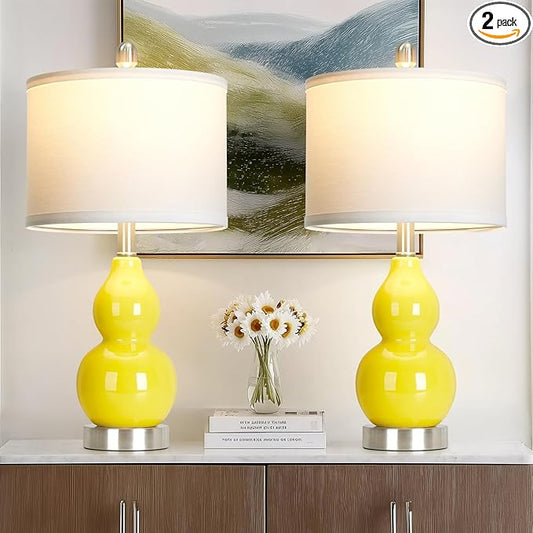 Double Gourd Ceramic Table Lamps Set of 2, Yellow Modern Bedside Lamps for Living Room, Contemporary Nightstand Desk Lamps for Bedroom End Table Home Office Decor(2 LED Bulbs Included) - Bloomnest