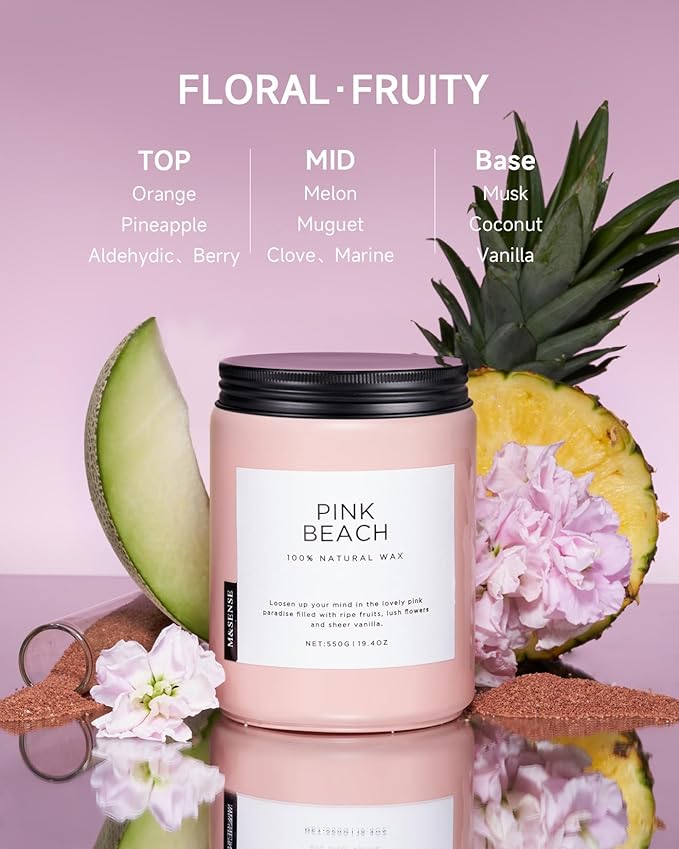 M&SENSE Pink Beach Sands Jar Candle, 19.4oz Pineapple Coconut Scented Natural Soy Candles for Home Scented, 110 Hour Burn Time, Home Decor Gift for Women, Friends, Family, Colleagues, Couples - Bloomnest