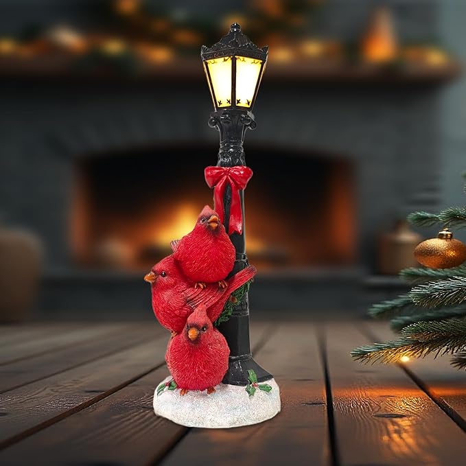 Christmas Red Bird Statue for Holiday Decor, Resin Cardinal Figurine with LED Lamppost, Indoor Glowing Lamppost, 14.57'' Resin Cardinal Christmas Decoration - Bloomnest