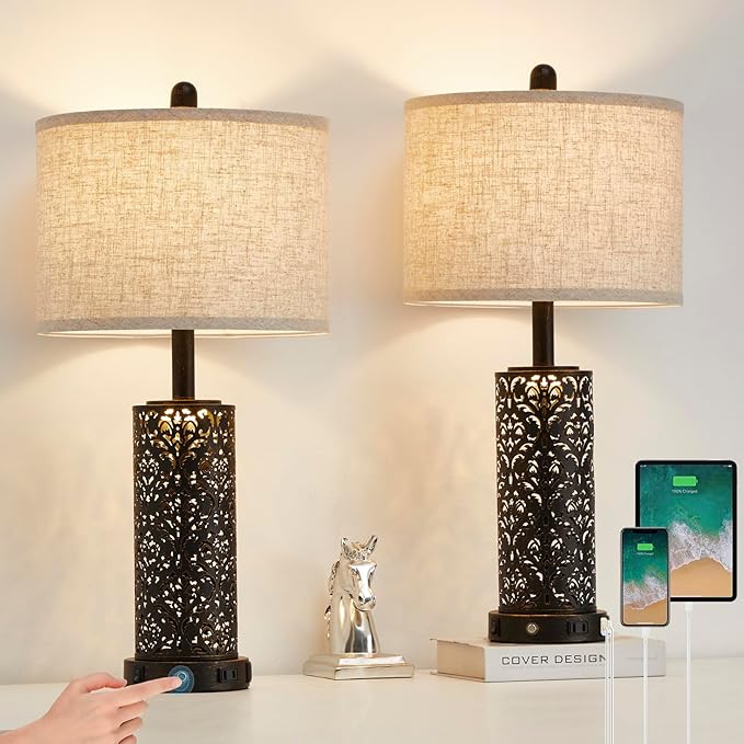 26" Set of 2 Farmhouse Table Lamp, 3-Way Dimmable Touch Control with Nightlight, 2 USB Ports + AC Outlet Vintage Rustic Bedside Lamp for Living Room Bedroom and Nightstand (Black-2 Pack) - Bloomnest