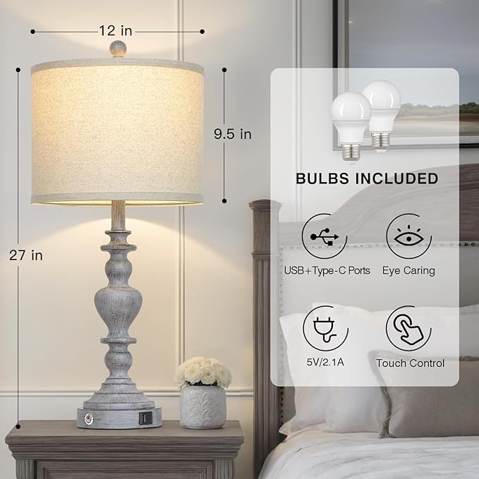 27" Tall Table Lamps for Living Room, 3-Way Dimmable Touch Control Farmhouse Vintage Table Lamps Set of 2 with USB C+A Ports and AC Outlets, Rustic Bedside Nightstand Lamp for Bedrooms Office Grey - Bloomnest