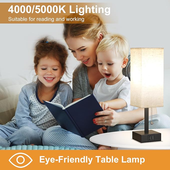 Bedside Table Lamp with 3 Color Temperatures - 3000/4000/5000K Small Lamp with USB C+A Ports, Nightstand Lamp with 3 Color Modes by Pull Chain, Bedroom Lamp for Living Read Work(LED Bulb Included) - Bloomnest