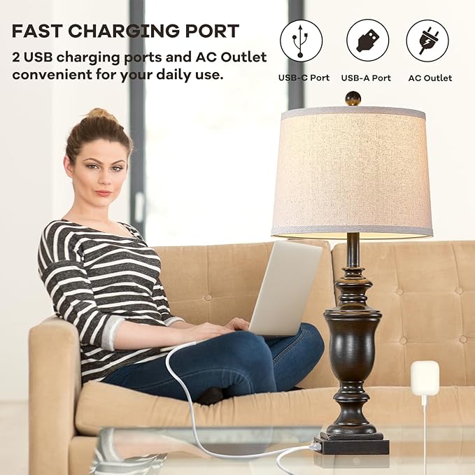 27.5" Vintage Farmhouse Table Lamps Set of 2 Bedside Lamp, 3 Way Dimmable Bedroom Lamps with 2 USB Ports +AC Outlet Touch Nightstand Lamp Rustic Lamp (Rotary-Antique Black) - Bloomnest