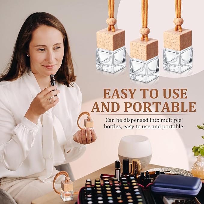 Rtteri 100 Pcs Hanging Car Air Freshener Diffuser Bottles Empty Glass Perfume Diffuser Vials Refillable Oil Aromatherapy Pendant with Wooden Caps and Hanging String for Car Home Office Decor(Square) - Bloomnest