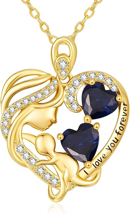 14K Gold Double Birthstone Heart Necklace for Women Mom, Mother Son/Daughter Pendant Necklace for Christmas Mother's Day Birthday Gifts for Wife Daughter Grandmom - Bloomnest