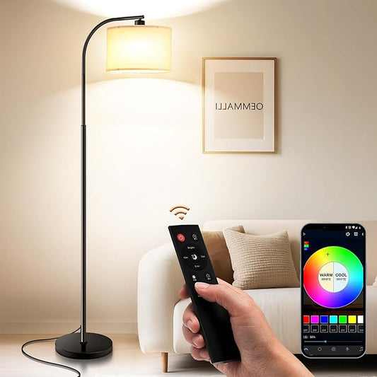 Floor Lamp for Living Room with Remote,Dimmable Tall Standing Lamps,Modern Floor Light with Smart RGB Bulb,App Control,3 Color Temperatures,Fabric Shades,Gold Floor Lamp for Bedroom Office Corner - Bloomnest