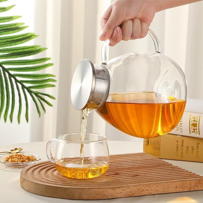 68OZ/2000ML One Touch Glass Teapot with Stainless Steel Filter Lid, Stovetop & Microwave Safe Tea Maker Water Kettle, Strainer & Cover 2 in 1 Loose Leaf Tea Steeper Pot Coffee Carafe - Bloomnest