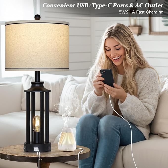 27.5" Black Farmhouse Table Lamps Set of 2, Tall Vintage Lamps for Living Room with USB A+C Charging Ports & AC Outlet, Rustic Bedside Lamp with Night Light, Bedroom Lamp for Nightstand Side End Table - Bloomnest