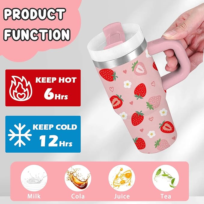 Strawberry Gifts for Girls - 14oz Cute Strawberry Kids Tumbler with Handle and Straw, Stainless Steel Insulated Water Cup, for School, Travel - Strawberries Themed Children Birthday Gifts Cups(1pc) - Bloomnest