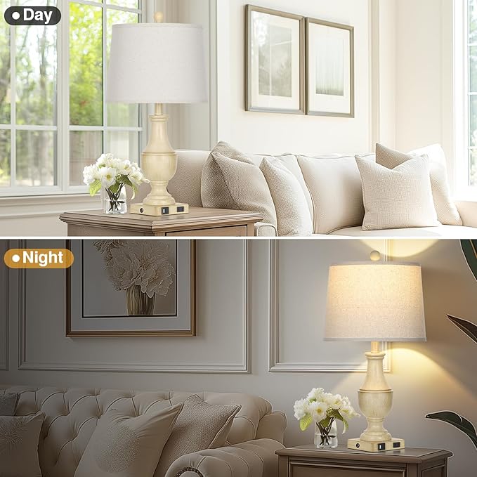 Farmhouse Lamps Set of 2, Vintage Rustic 3-Way Dimmable Touch Control Table Lamp with USB A+C Charging Ports & AC Outlet, Retro Resin Bedside Lamp Linen Shade for Bedroom Office Antique White - Bloomnest