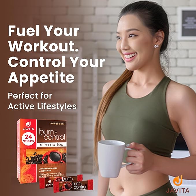 Javita Burn + Control Instant Coffee w Weight Management Herbs: Garcinia Cambogia & Yerba Mate - Slim Coffee with Help of Exercise, Keto Coffee for Diet Support, 1 box - 24 (4.55g) Sticks - Bloomnest