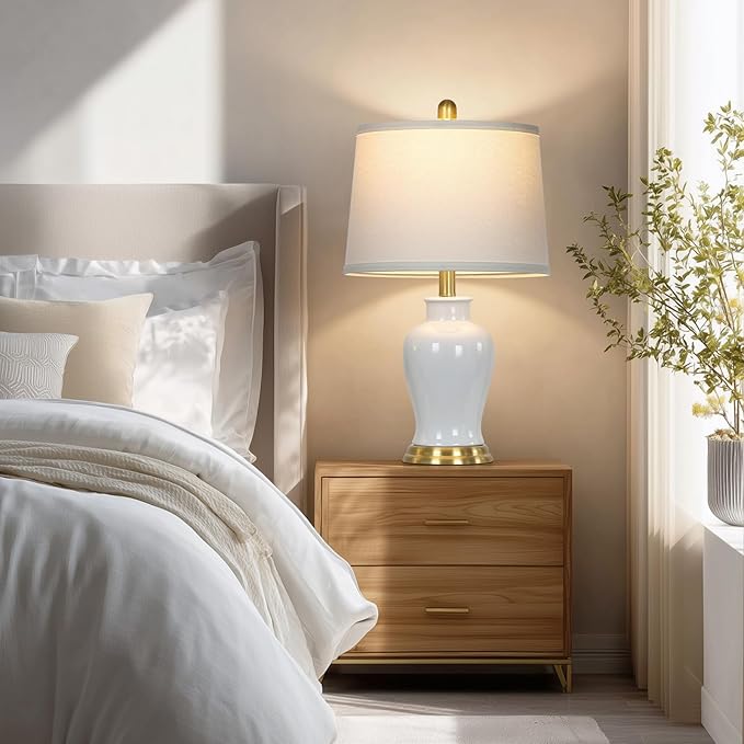 White Ceramic Table Lamps Set of 2, 23" Modern Ceramic Bedside Lamps with Ginger Jar Design, Farmhouse Lamp for Living Room End Table, Elegant Bedroom Lamp for Nightstand Desk Side Home Decor - Bloomnest