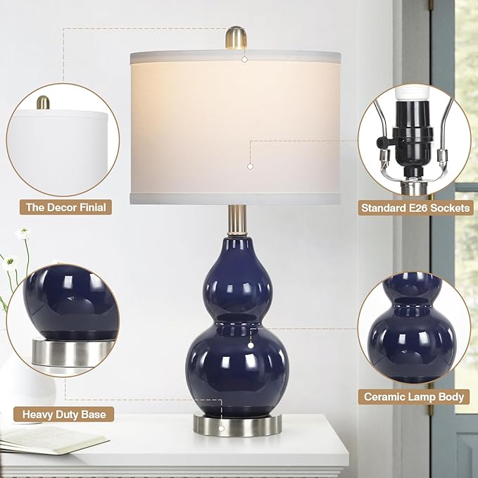 Double Gourd Ceramic Table Lamps Set of 2, Modern Navy Blue Bedside Lamps for Night Stand, Contemporary Nightstand Lamps for Bedroom Living Room (Bulb Included) - Bloomnest