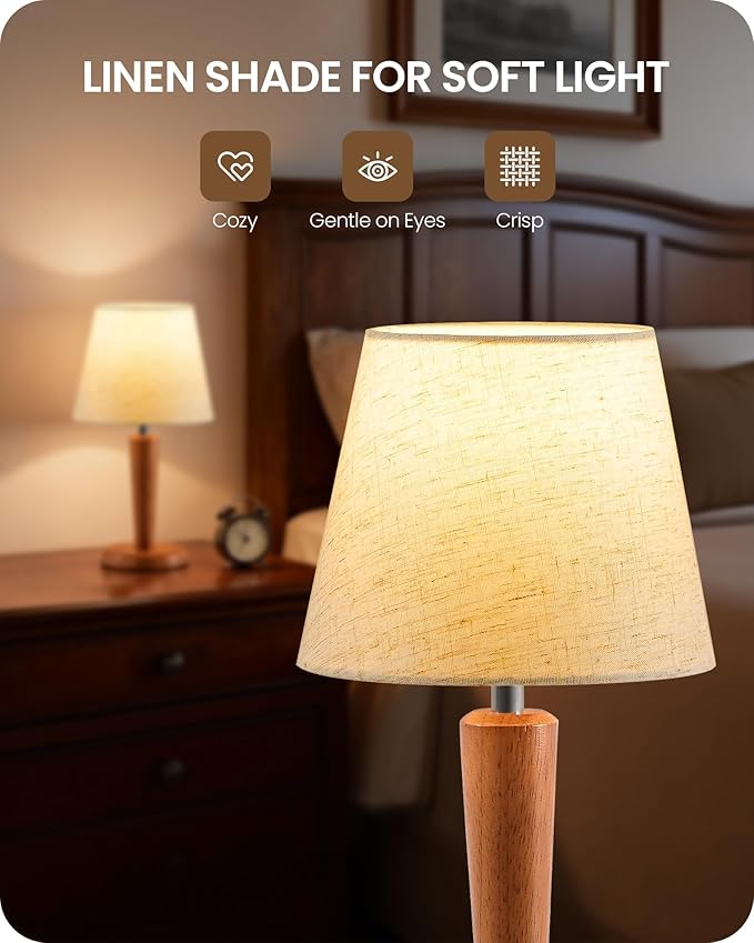 12”Wood Bedside Table Lamps Set of 2, Small Desk Lamps for Small Places, 3 Color Temperatures with Memory,Beige Linen Shade & E26 Bulbs, for Bedroom Living Room Office LE13TLP205 - Bloomnest
