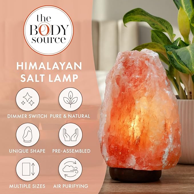 The Body Source Himalayan Salt Lamp | 8-10 in (7-11 lb) | Natural Salt Rock Lamp with Dimmer Switch & Wooden Base | Night Light & Bulb Replacement - Bloomnest