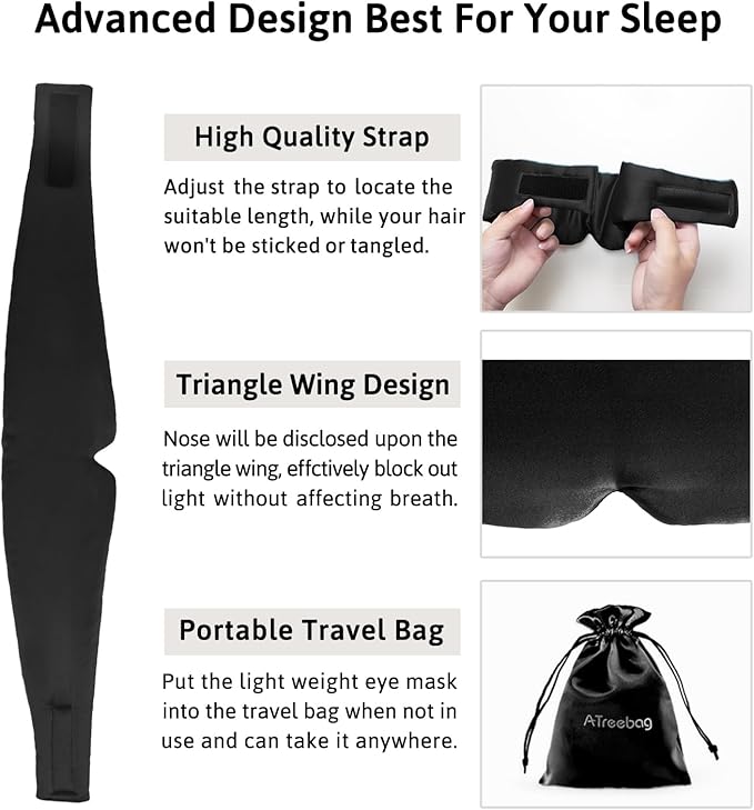 Silk Sleep Mask for Women Men, Mulberry Silk Eye Sleeping Mask & Blindfold with Adjustable Strap, Blackout Eye Cover for Sleep Travel Yoga Nap, Large Size, Black - Bloomnest