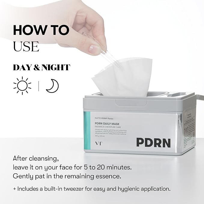 VT COSMETICS PDRN Daily Mask 30 Sheets, Vegan PDRN for Skin Restoration & Radiance, Hydrating & Moisturizing, Anti-Aging, Plumping Effect, Korean Face Mask (350g) - Bloomnest