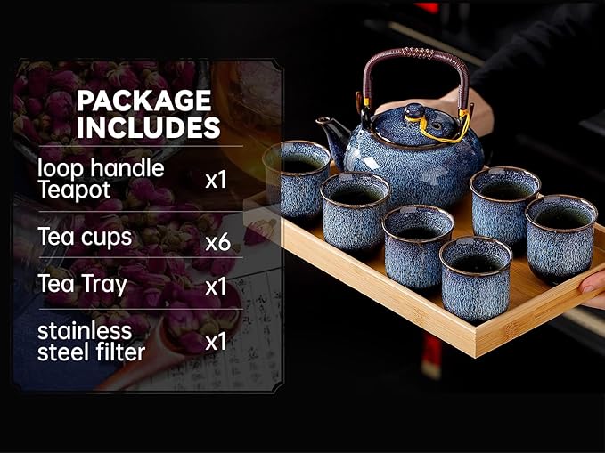 Traditional Japanese tea set, Kiln altered glaze Porcelain tea set with 1 teapot (23.5oz/700ml), 6 teacups (4oz/120ml), 1 Tea Tray,Japanese teapot set, Asian tea sets (Kiln altered Blue) - Bloomnest