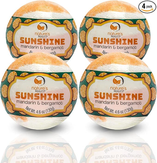 Nature's Beauty Sunshine Mandarin & Bergamot Bath Bomb Multi-Pack - Natural Hand Crafted, Non-Staining, Luxury Fizzy Spa Bomb, Nourishe Dry Skin, Made w/Coconut Oil + VIT. E, 4.6oz (4 Pack)