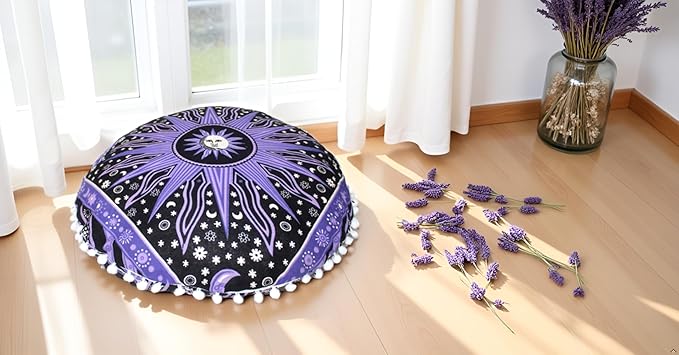 CRAFT KALA 22" Bohemian Floor Pillow Pouf Cover Mandala Boho Large Round Meditation Room Pillow Covers for Adults Seating Poufs Cushion Cover for Kids Playroom Purple Burning Sun - Bloomnest