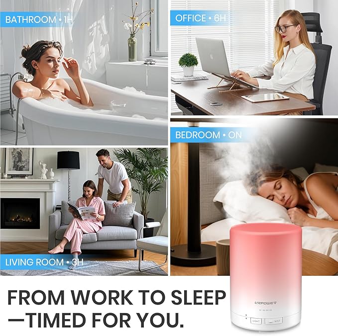URPOWER 300ml Essential Oil Diffuser: Ultrasonic Aromatherapy Diffuser Quiet Auto Shut-Off, 4 Timer Settings(1H 3H 6H ON) & 7-Color Night Light Humidifier for Yoga Bedroom Living Room Office - Bloomnest