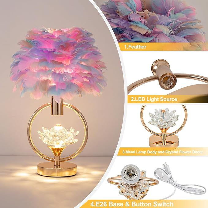 Colorful Feather Lamp Unique Feather Bedside Nightstand Light Goose Furry Desk Lamp Romantic Atmosphere Table Lamp for Girl Bedroom Wedding Decor Living Room Hotel 17IN - Bloomnest