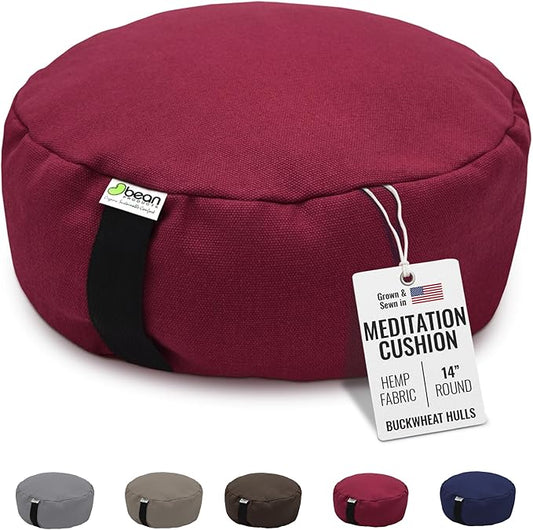 Bean Products Hemp Zafu Meditation Cushion for Sitting on Floor, Hemp Yoga Pillow, Zafu Meditation Pillow, Zen Seiza Kneeling Prayer Pad Support - Made in USA - Round Cranberry