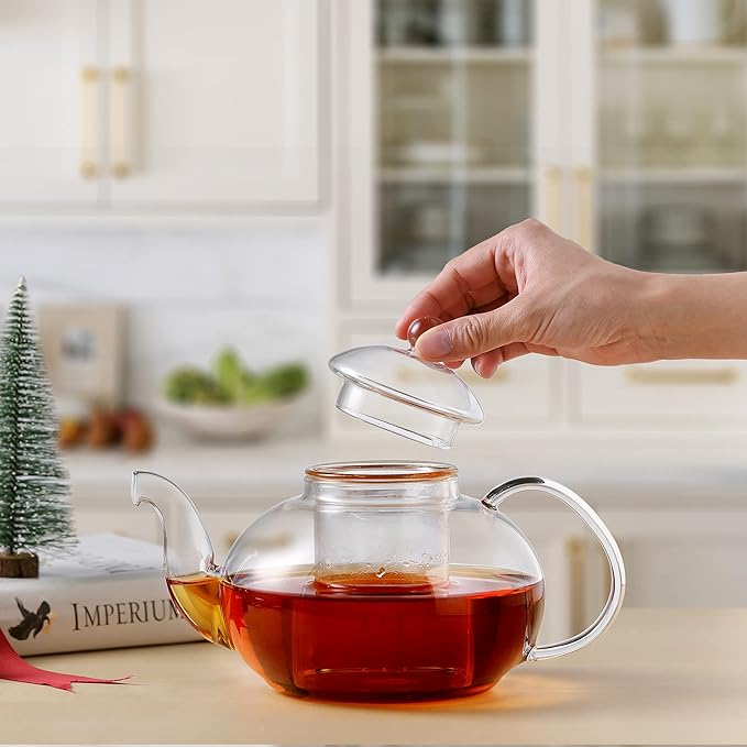 CnGlass 33.8oz Glass Teapot with Removable Infuser,Stovetop Safe Tea Kettle with Glass Tea Warmer 5.3 in/13.5cm Diameter - Bloomnest