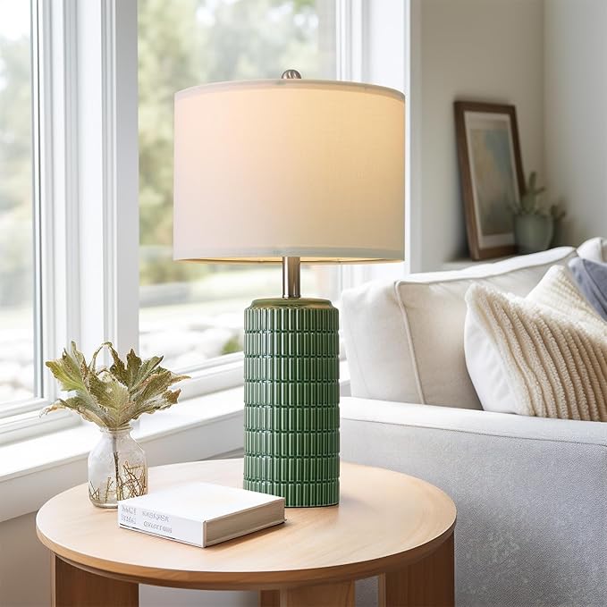 PoKat 24" Modern Ceramic Table Lamps Set of 2 for Bedroom, Green Bedside Lamps for Night Stands, Farmhouse House Decor Nightstand Table Lamps for Living Room End Table Green - Bloomnest