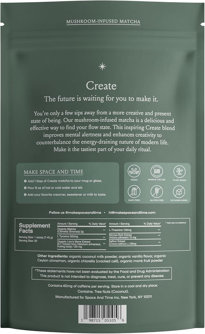 SPACE AND TIME Create - Mushroom Matcha Tea - 20 Cups of Creativity, Energy & Enhanced Mood - Organic Matcha Powder with Lions Mane, L-Theanine & Saffron - Bloomnest