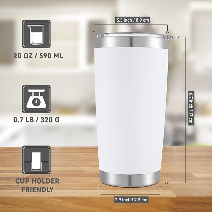 20 oz Tumblers Bulk Stainless Steel Tumbler with Lid Double Wall Vacuum Insulated Coffee Mug 20oz Powder Coated Cup for Hot and Cold Drinks, White, 6 pack - Bloomnest