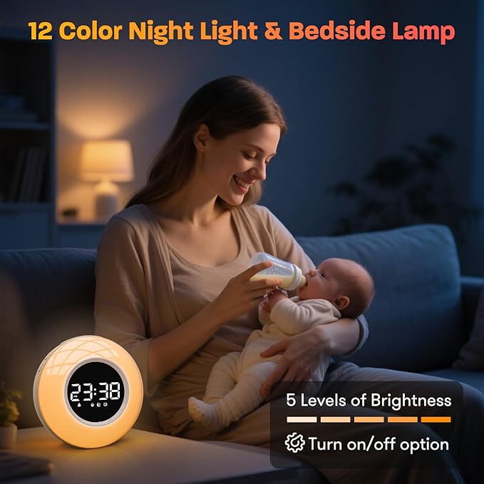 White Noise Sound Machine with 30 Soothing Sounds & 12 Colors Light, Sunrise Alarm Clock Wake Up Light, Adjustable Volume & Night Light, Timer, Ideal for Adults, Kids, Heavy Sleepers