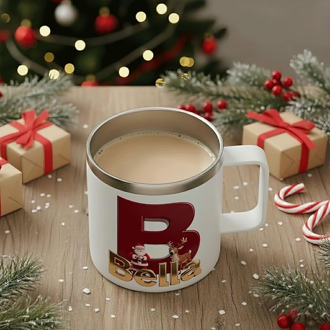 Personalized Christmas Insulated Coffee Mug with Handle – Letter [C] Double Wall Stainless Steel Travel Tumbler for Hot & Cold Drinks – Unique Holiday Gift for Men, Women, & Kids (B128) - Bloomnest