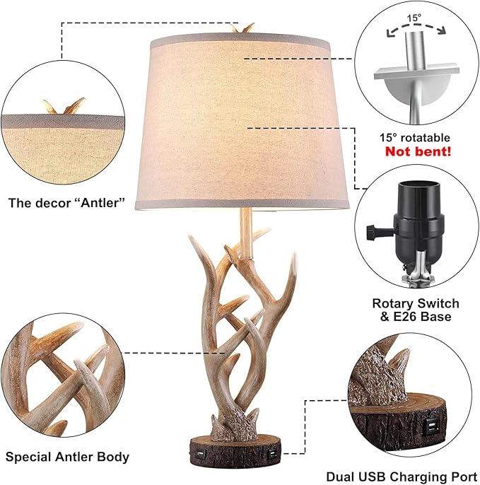 Dungoo Rustic Western Lamp Set of 2 - 26" Farmhouse Table Lamp with 2 USB Ports, Natural Antler Design for Bedroom, Living Room, Office (Rustic Brown) - Bloomnest