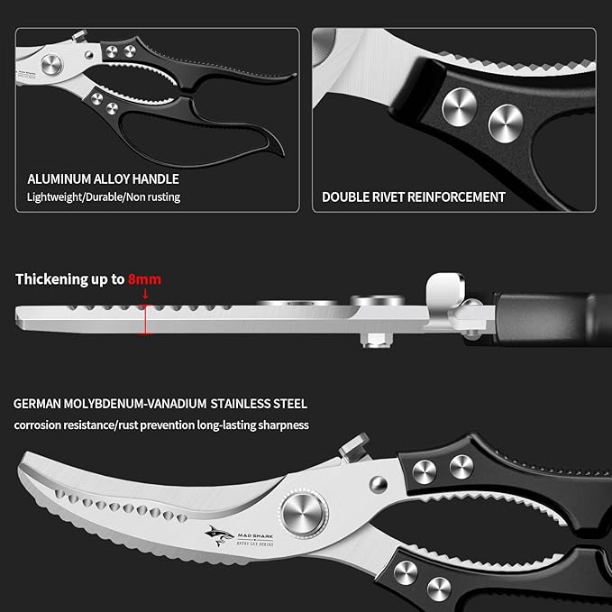 MAD SHARK Professional Heavy Duty Poultry Shears - Kitchen Shears for Spatchcocking Chicken and Meat Cutting, Multi-Purpose Kitchen Scissors for Food, Spring-loaded (Black) - Bloomnest