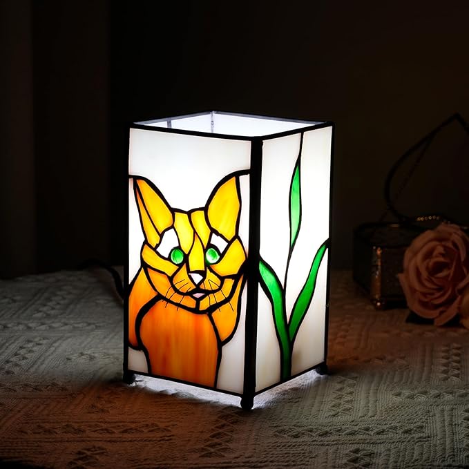 Tiffany Lamp Stained Glass lamp Small Bedside Table Lamps for Living Room Home Decor,Girls Women Birthday Christmas Thanksgiving Day Gift,Cat - Bloomnest
