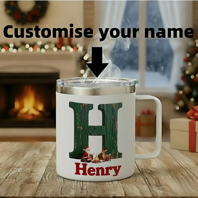 Personalized Christmas Insulated Coffee Mug with Handle – Custom Rustic Initial Letter [A] Double Wall Stainless Steel Travel Tumbler for Drinks – Unique Holiday Gift for Men, Women, & Kids(B116) - Bloomnest