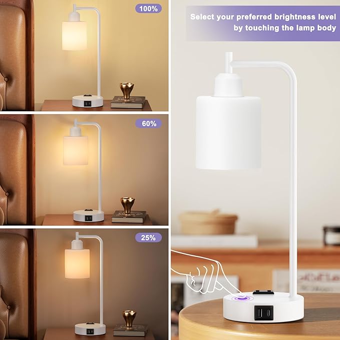 Innqoo Industrial White Table Lamps for Bedrooms Set of 2-3-Way Dimmable Desk Lamp with USB C+A Ports and Outlet, White Lamps with Opal Glass Shade for Living Room - Bloomnest