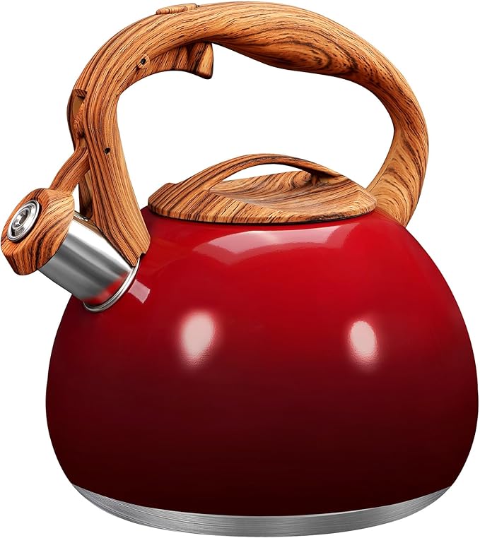 GGC Tea Kettle for Stove Top, 3.1QT/3L Whistling Tea Kettles for Boiling Water Coffee or Milk, Gradient Red Pot with Wood Parttern Handle, Stainless Steel Kettle Pot for Home and Kitchen - Bloomnest