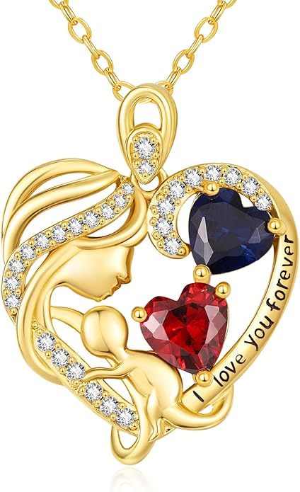 14K Gold Double Birthstone Heart Necklace for Women Mom, Mother Son/Daughter Pendant Necklace for Christmas Mother's Day Birthday Gifts for Wife Daughter Grandmom - Bloomnest