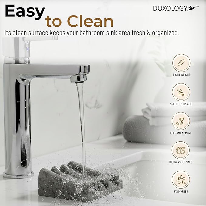 DOXOLOGY Gray Stone Marble Soap Dish Bathroom Organizer - Resin Soap Dish with Rectangular Design 3.7" L x 2.8" W - Self Draining Soap Dishes Keeps Countertop Neat - Marble Look Soap Tray for Sink - Bloomnest